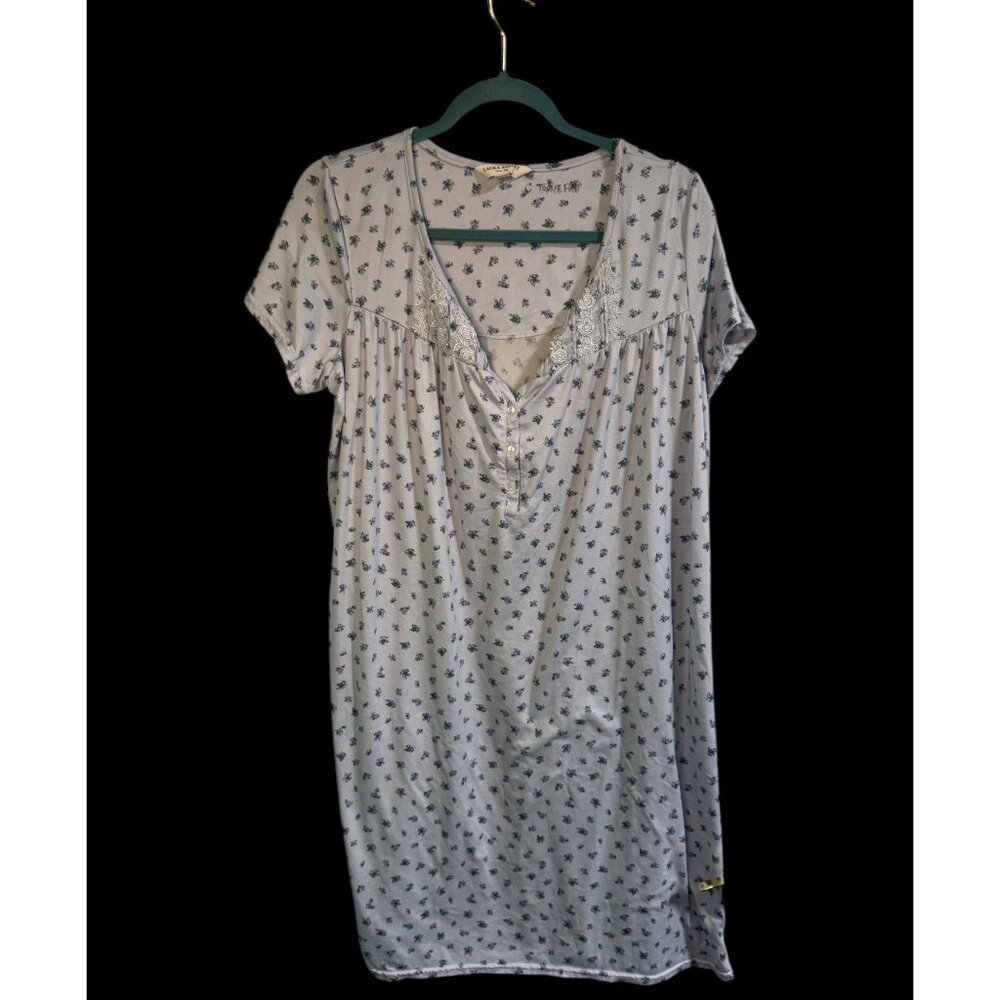 Laura Ashley Womens Floral Print Nightgown With Lace Trim Short Sleeves Blue/Whi